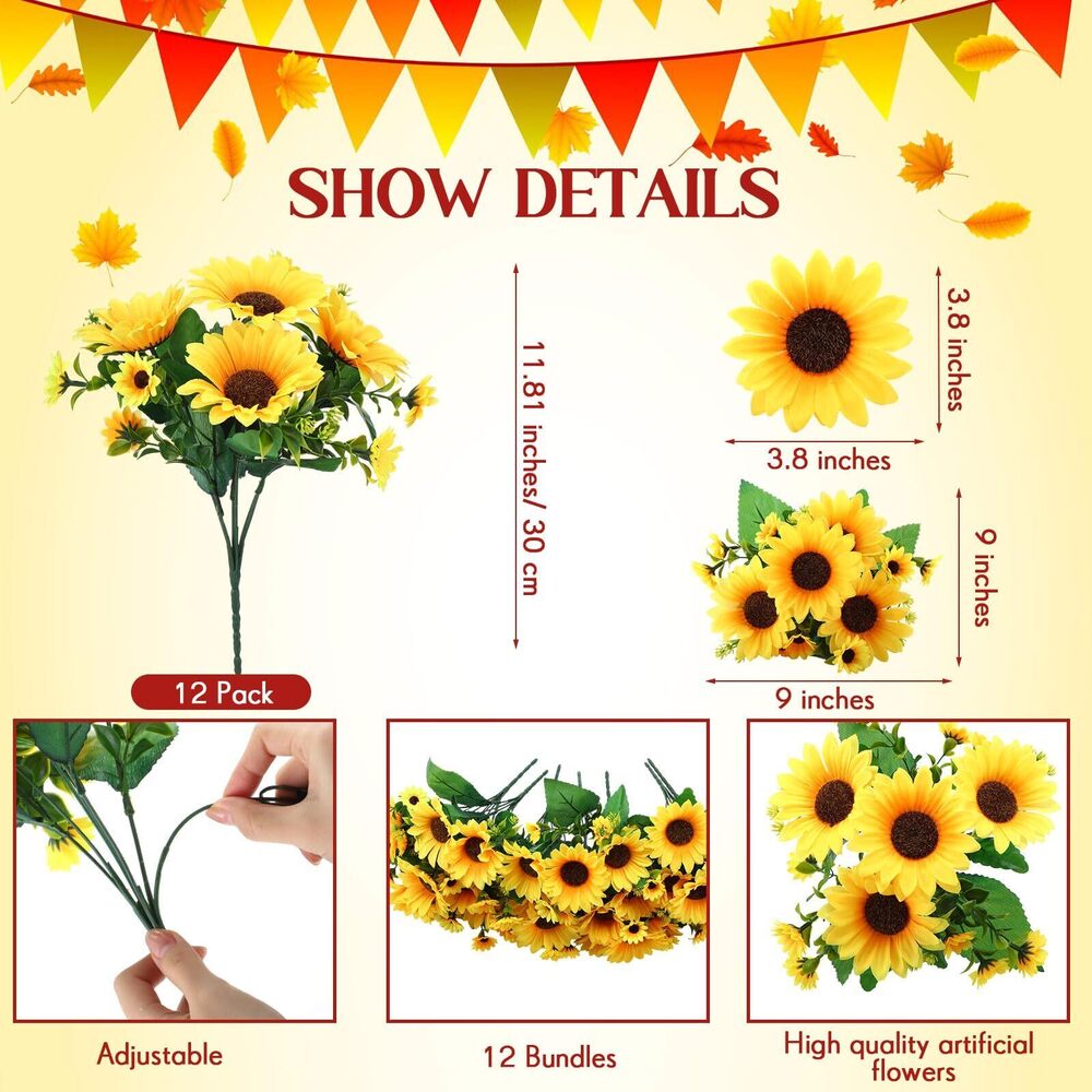 7013 12 Bundles Artificial Sunflowers with Stems Realistic Silk Sunflowers - Picture 2 of 7
